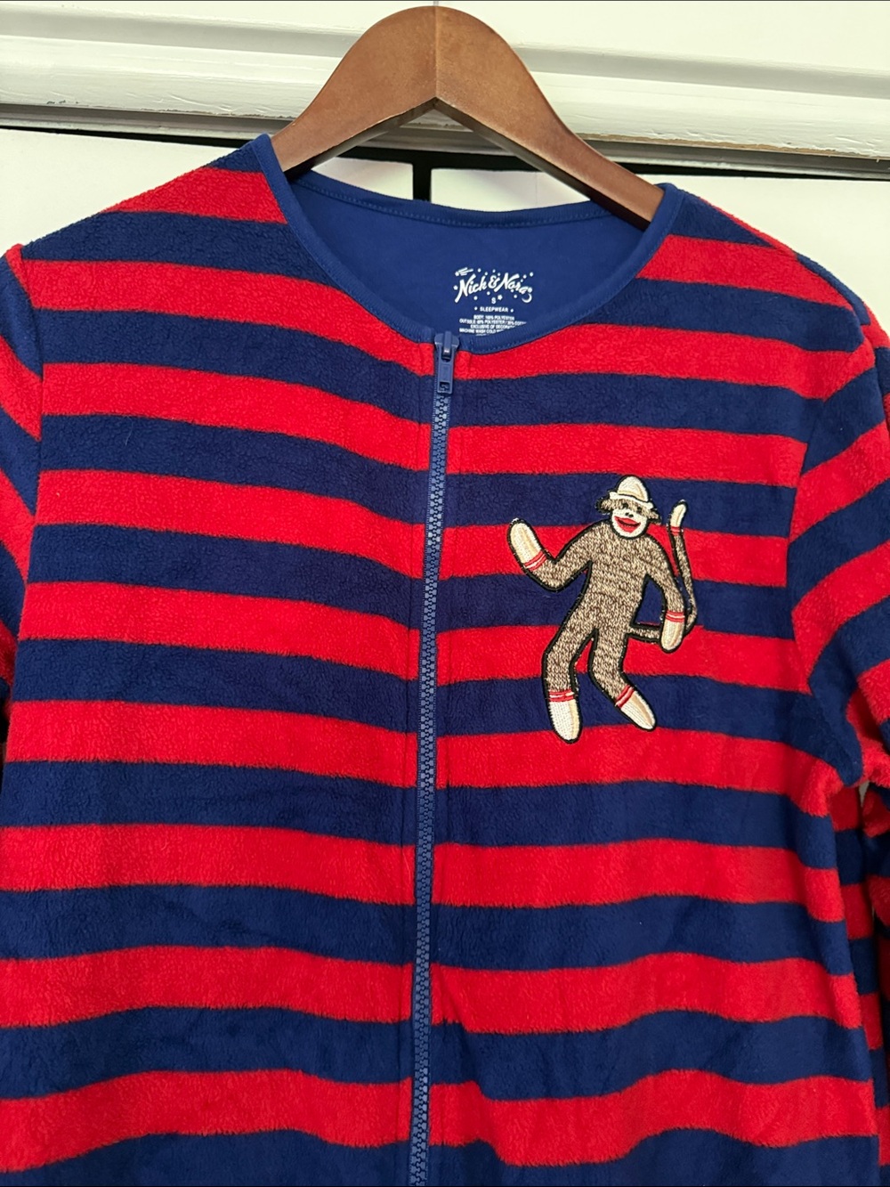 Nick & Nora Sock Monkey Red and Navy Striped Footed Jumpsuit - Picture 2 of 7